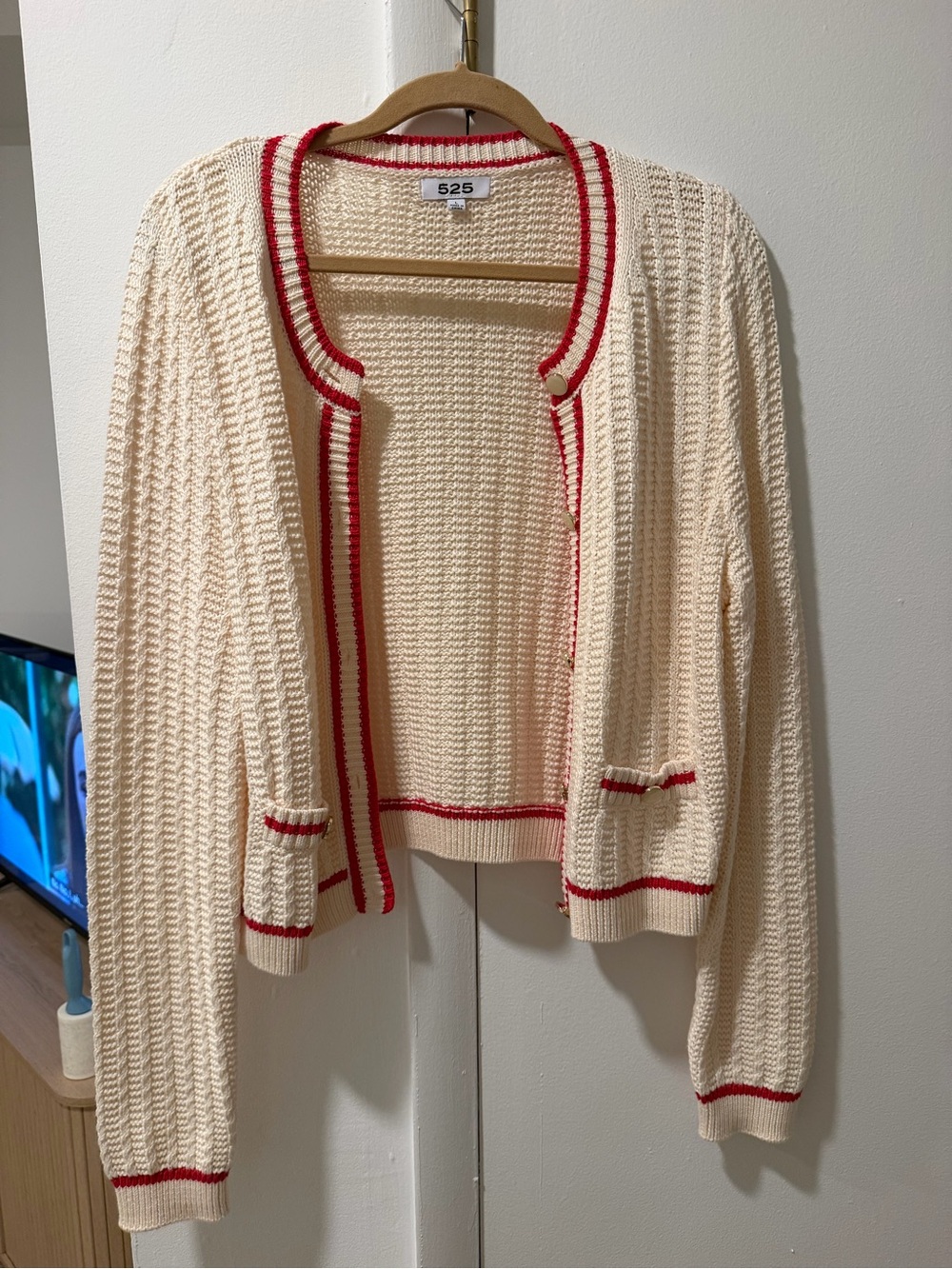 525 America Cream Knit Cardigan with Red Trim - Women Sweater